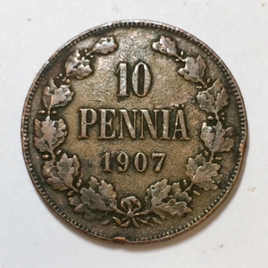 10 пенни 1907 год.Николай II.Русская Финляндия.Медь.