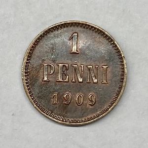 1 пенни 1909 год.Николай II.Русская Финляндия.Медь.XF.