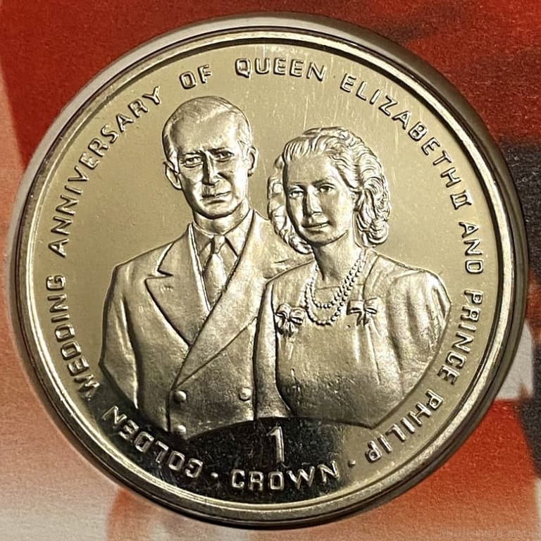 1 крона 1997 год.50 летие свадьбы.Золотая свадьба принца Филлипа и Елизаветы II.Гибралтар.В конверте.