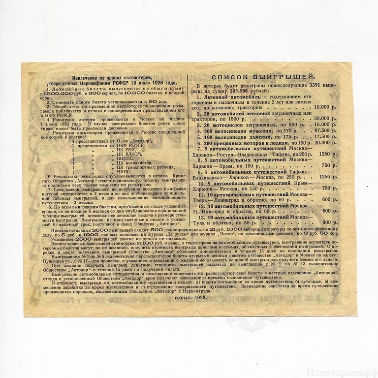 1928 год.Билет 1-ой Всесоюзной авто-лотореи.1 выпуск-2 разряд.Автомобиль трудящимся.Цена 50 копеек.Автодор СССР.