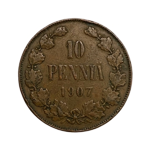 10 пенни 1907 год.Николай II.Русская Финляндия.Медь.