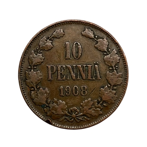10 пенни 1908 год.Николай II.Русская Финляндия.Медь.