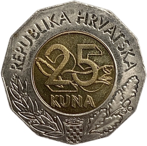 25 Куна 2002 год.10 лет признания Республики.Хорватия.Биметалл. 