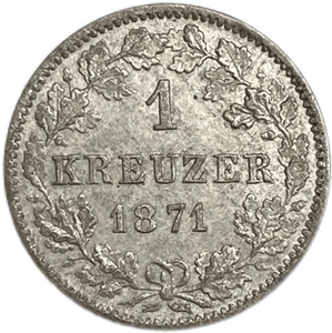 1 крейцер 1871 год.Карл I.Вюрттемберг.Германия.