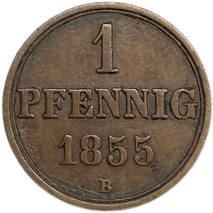 1 пфеннинг 1855 год B.Георг V.Ганновер.Германия.Медь.