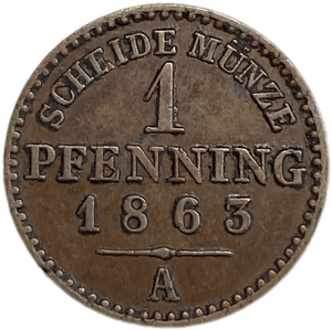 1 пфеннинг 1863 год.Вильгельм I.Пруссия.Германия.Медь.