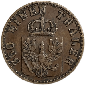 1 пфеннинг 1863 год.Вильгельм I.Пруссия.Германия.Медь.