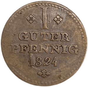 1 пфеннинг 1824 год.Шаумбург Гессен.Германия.Медь.
