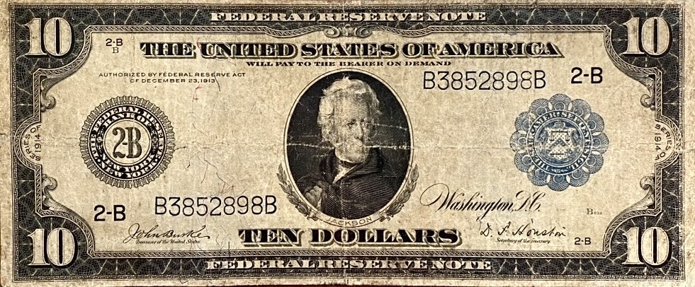 10 долларов США 1914 года.Эндрю Джексона.Банк Нью-Йорк 2-B.Серебряный сертификат.США.Банкнота.