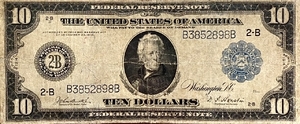 10 долларов США 1914 года.Эндрю Джексона.Банк Нью-Йорк 2-B.Серебряный сертификат.США.Банкнота.