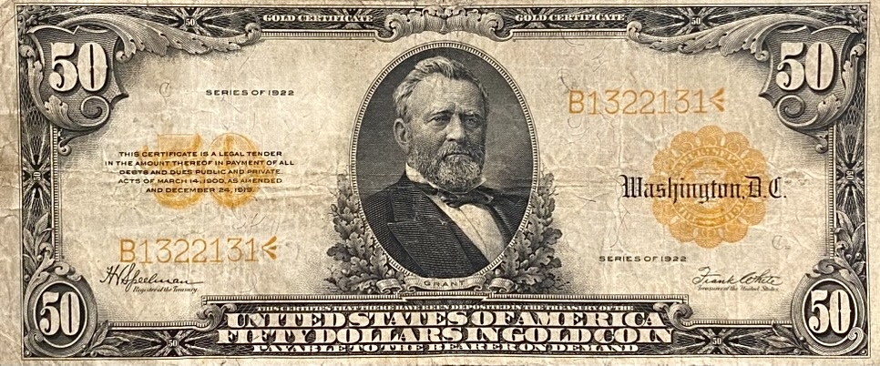 50 долларов 1922 год.C.Грант.США.Золотой сертификат.Банкнота.