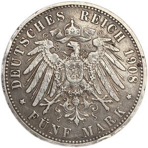 5 марок 1908 год A.Вильгельм II.Пруссия.Германия.Серебро. 