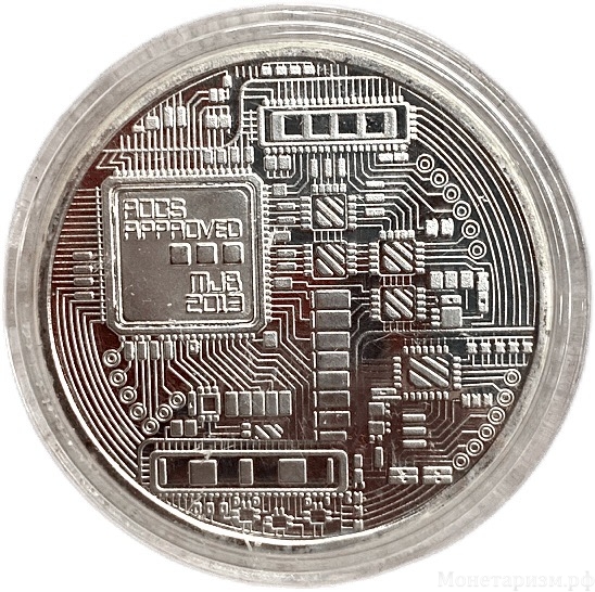 Сувенирный монетовидный жетон.BITCOIN.Криптовалюта.Серебрение.