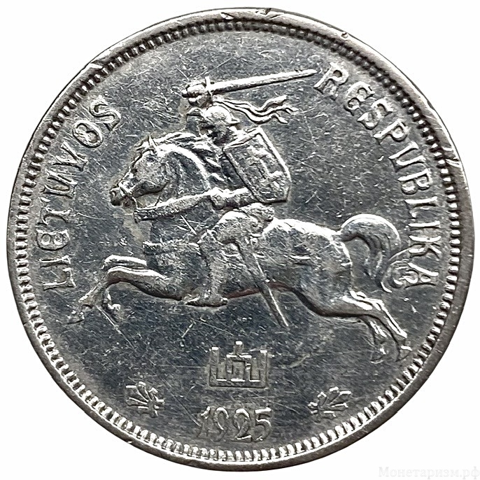 5 литов 1925 год.Первая Республика.Литва.Серебро.