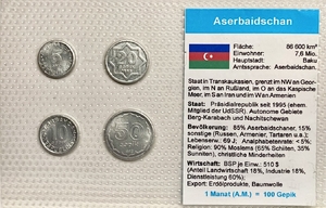 Набор из 4 монет 1992-1993 год в запайке с описанием страны.Азербайджан.UNC. 
