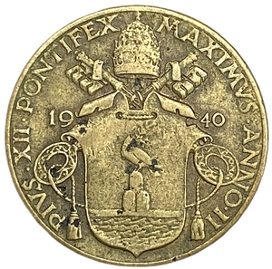 5 чентезимо 1940 год.Папа Пий XII.Оливковая ветвь.Ватикан.