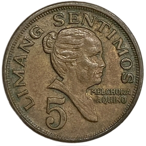 5 сентимо 1972 год.Мельчора Акино.Герб страны.Филиппины.