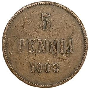 5 пенни 1908 год.Николай II.Русская Финляндия.РИ.Медь.