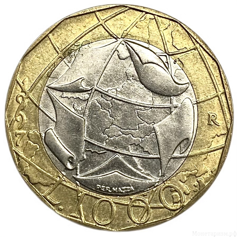 1000 лир 1997-2002 год.Италия.Биметалл.