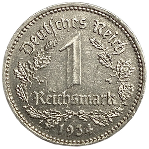 1 рейхсмарка 1934 год.Двор A.Веймарская Республика.Германия.Серебро. 