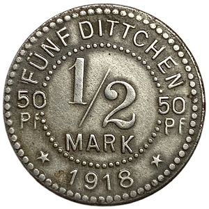 1/2 марки (50 пфеннигов) 1918 год.Город Тильзит.Нотгельд.Германия.