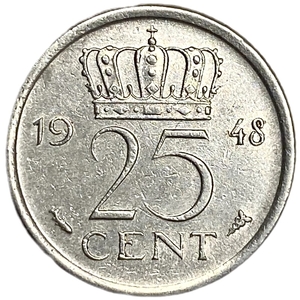 25 центов 1948 год.Вильгельмина.Нидерланды.