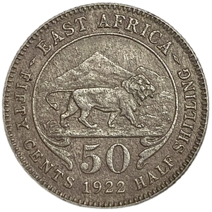 50 центов (1/2 шиллинга) 1922 год.Лев.Георг V.Британская Восточная Африка.Серебро.