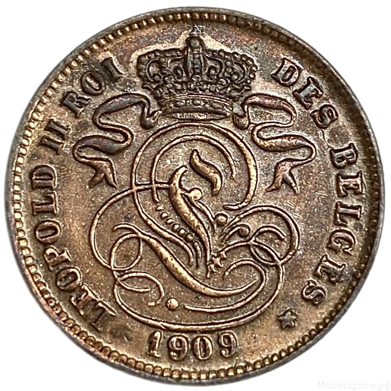 2 сантима 1909 год.Леопольд II.Бельгия.Медь. 