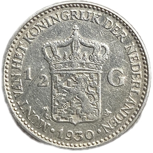 1/2 гульдена 1930 год.Королева Вильгельмина.Нидерланды.Серебро.