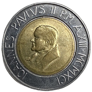500 лир 1991 год.Папа Иоанн Павел II.Защита прав человека и социальное учение.Ватикан.Биметалл.