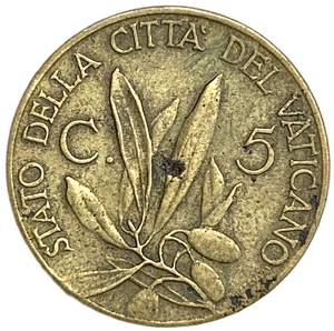 5 чентезимо 1940 год.Папа Пий XII.Оливковая ветвь.Ватикан.