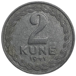 2 куна 1941 год.Пробный выпуск.Республика Хорватия.Цинк.  