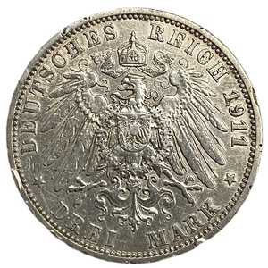 3 марки 1911 год.Вильгельм II.Пруссия.Германия.Серебро.