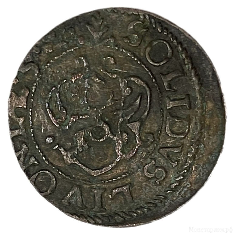 Солид (шеляг) 165... года.Королева Кристина (1632–1654).Шведская Ливония г.Рига.
