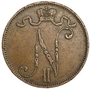 5 пенни 1908 год.Николай II.Русская Финляндия.РИ.Медь.