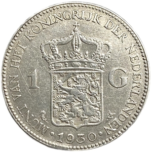 1 гульден 1930 год.Королева Вильгельмина.Нидерланды.Серебро.
