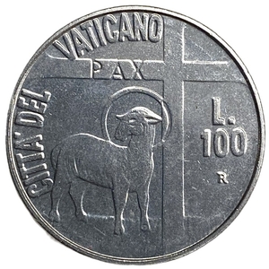 100 лир 1984 год.Папа Иоанн Павел II.Агнец Божий.Ватикан.