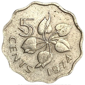 5 центов 1974 год.Листья.Король Собхуза II.Свазиленд.Эсватини.
