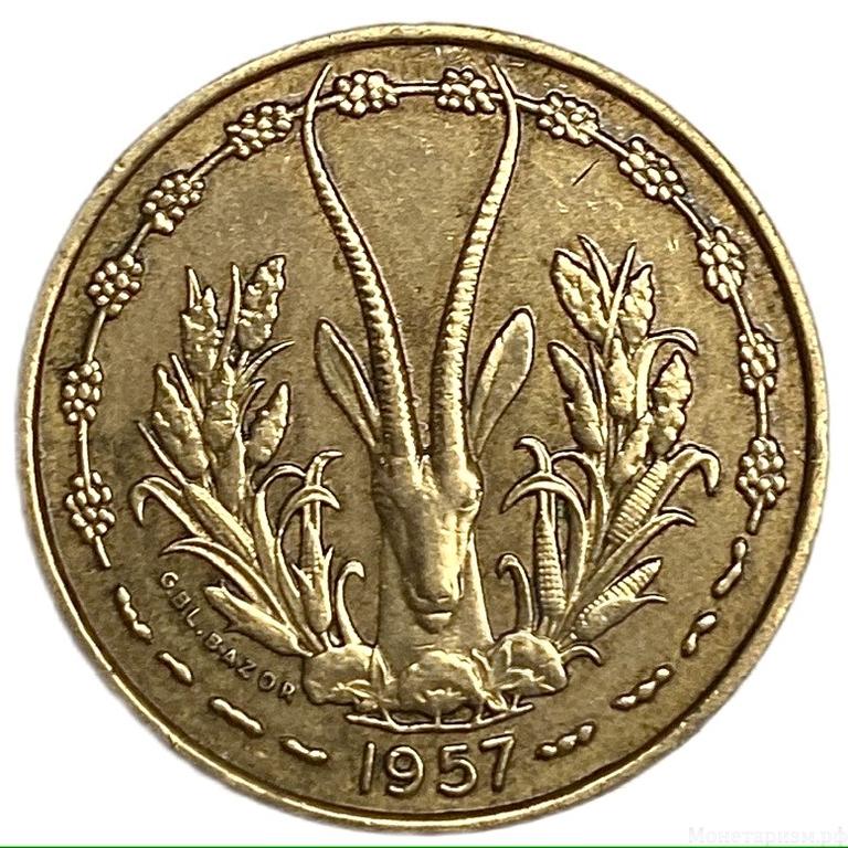 10 франков 1957 год.Антилопа.Французская Западная Африка.  