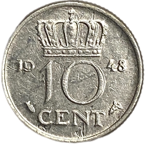10 центов 1948 год.Вильгельмина.Нидерланды.