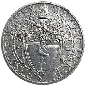 2 лиры 1942 год.Папа Пий XII.Юстиция.Ватикан.