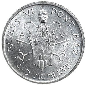 2 лиры 1967 год.Папа Павел VI.Папские регалии.Ватикан.