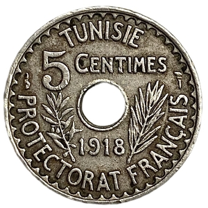5 сантимов 1918 год.Французский протекторат.Тунис.