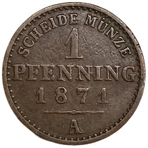 1 пфенниг 1871 год A.Вильгельм I.Пруссия.Германия.Медь.