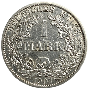 1 марка 1907 год A.Вильгельм II.Империя.Германия.Серебро.