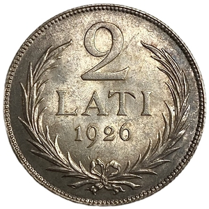 2 лата 1926 год.Латвия.Серебро.Красивая патина.UNC.