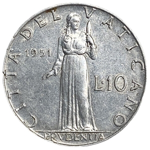 10 лир 1951 год.Папа Пий XII.Благоразумие.Ватикан.