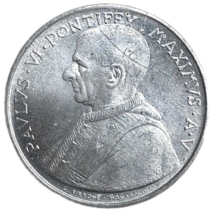 10 лир 1967 год.Папа Павел VI.Папские регалии и крест.Ватикан.