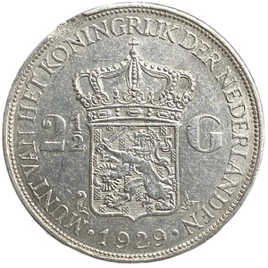 2,5 гульдена 1929 год.Королева Вильгельмина.Нидерланды.Серебро.