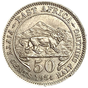 50 центов (1/2 шиллинга) 1954 год.Лев.Елизавета II.Британская Восточная Африка.
